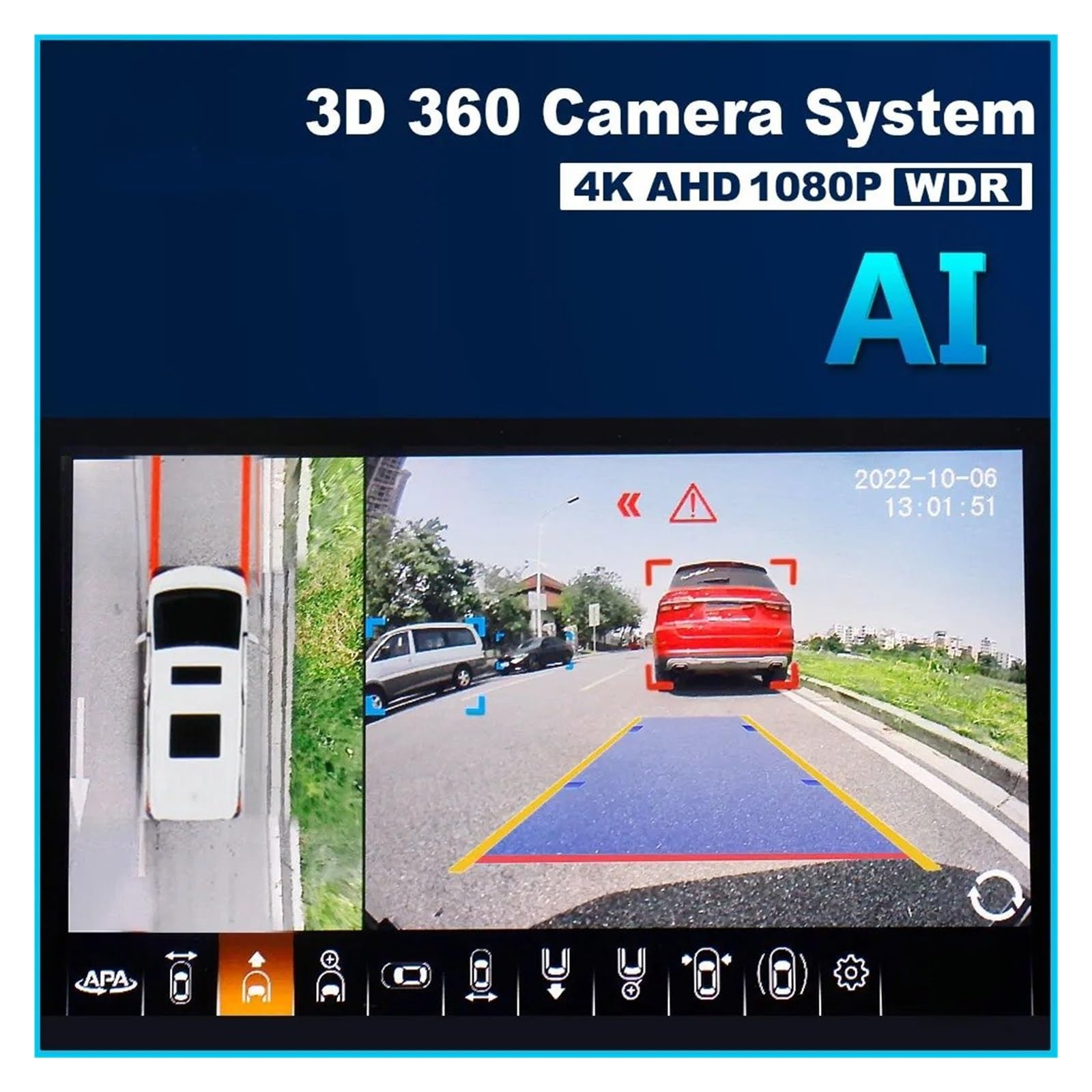 Kit Caméra Recul Caméra Surround View AI 360 Degrés AHD 1080P, Vue Panoramique 360 ​​arrière/Avant/Gauche/Droite pour Voiture, Nombreux Modèles(None)