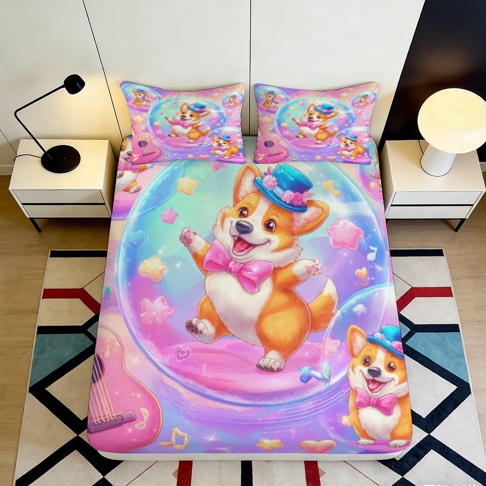 3D Printed Cute Corgi Dog Fitted Sheet Microfiber Soft Breathable Cartoon Puppy Bed Cover for Bedroom Dormitory Guest Room Mattress Protection Decor 160x200x25cm
