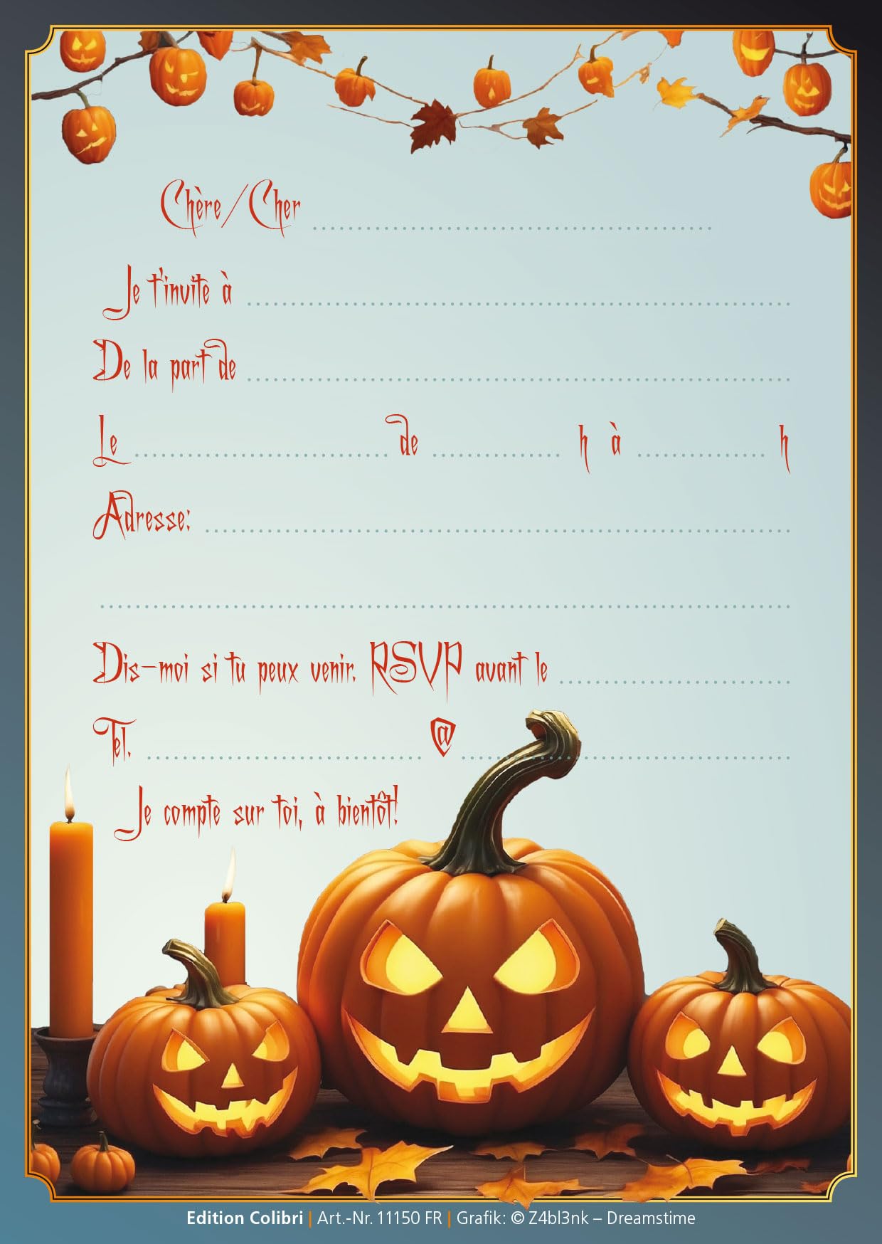 Lot de 10 cartons d'invitation pour la fête effrayante/Halloween: invitations pour la citrouille effrayante ou la fête d'Halloween de l'Edition Colibri (11150 FR) - Image 2