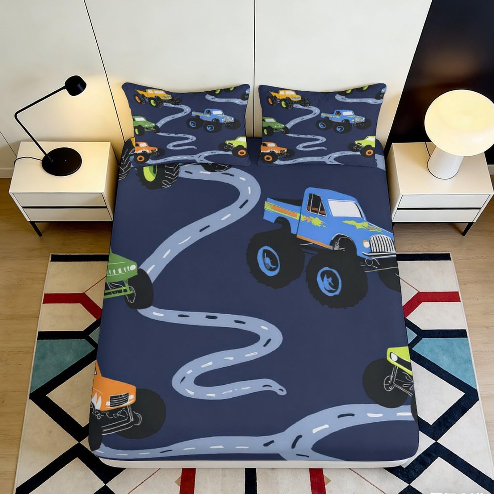 3D Printed Monster Truck Road Fitted Sheet Microfiber Soft Blue Cartoon Track Mattress Cover Non-slip Washable for Bedroom Guest Room 200x200x25cm