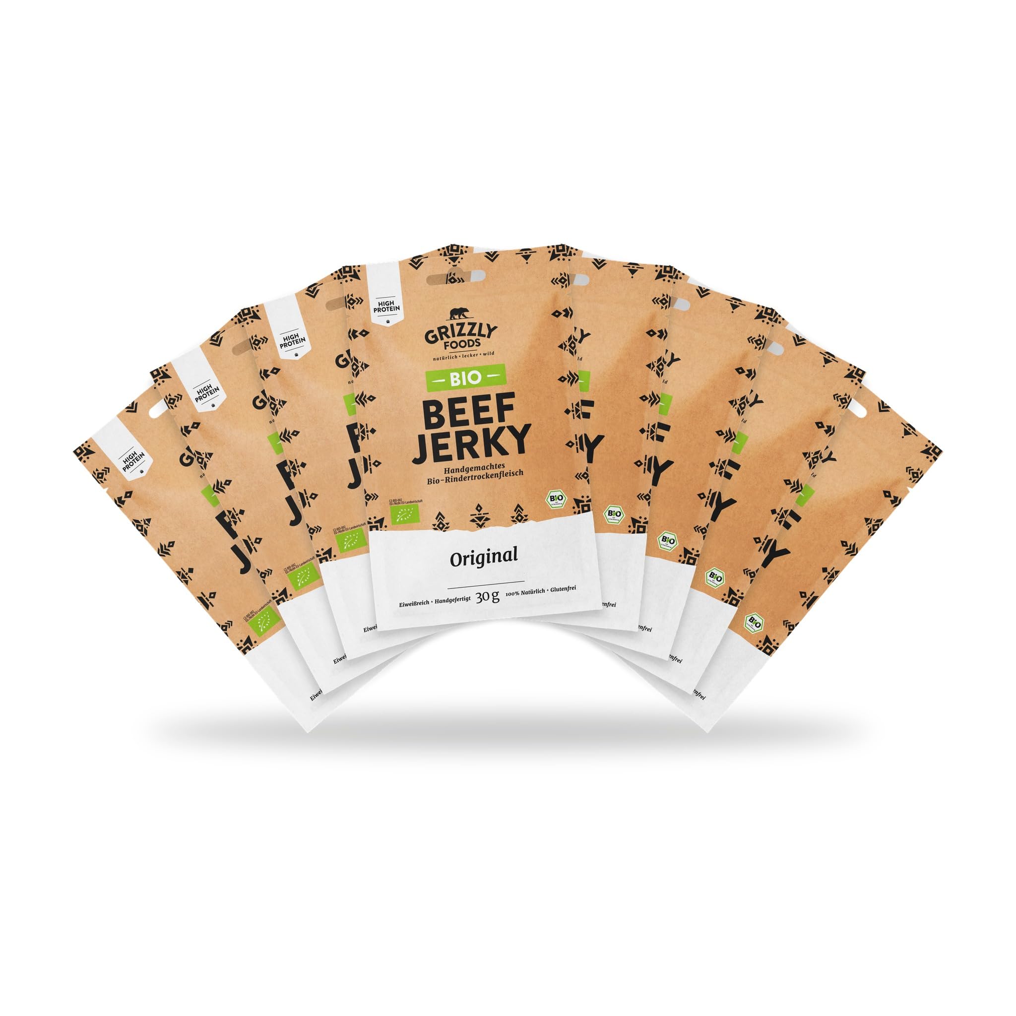 Grizzly Foods • BIO Beef Jerky Original (8 x 30g) • Bio-Trockenfleisch ohne Zucker und Zusätze • High Protein Snack • Ideal für Unterwegs, Büro, Sport