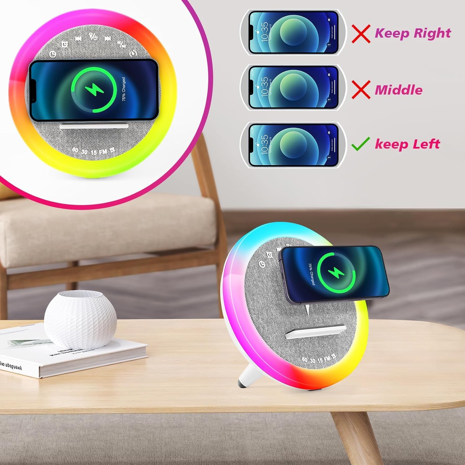 Lampe Chargeur sans Fil, Réveil avec Chargeur à Induction, Haut-Parleur Bluetooth éclairage ambiant synchronisé avec la Musique, Réveil numérique, pour lit/Salon