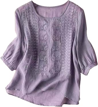 Summer Tops for Women 2025 Dressy Casual Linen Embroidery Blouse Crew Neck Tunic Elbow Sleeve Shirts Plus Size Tops