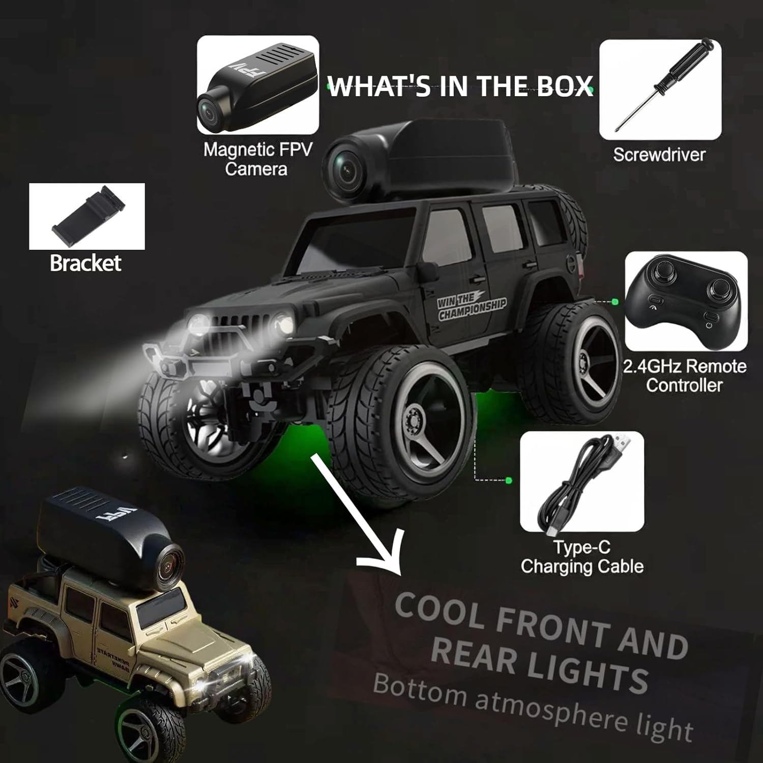 1:64 Scale 4WD Alloy Mini RC Crawler Car with FPV Camera, 2.4GHz RTR Off-Road Mini Desktop RC Drift Car with LED Lights, Adjustable Speed Dual Mode, Model Vehicle Toy Gift for Adults Kids