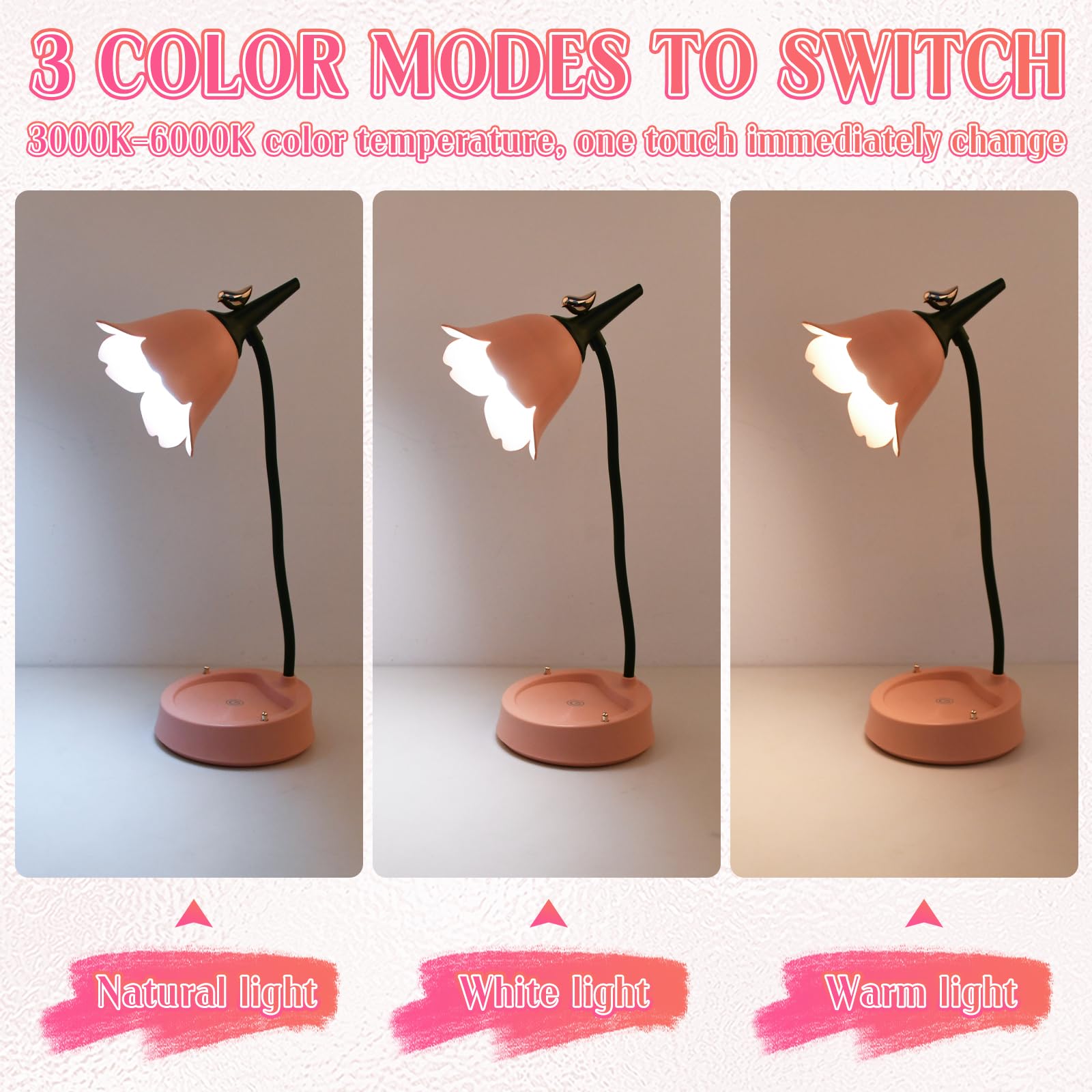 Pagezol LED Desk Lamp, Rechargeable, 3 Color Modes Dimmable Table Light, Cordless, Children's Desk Lamp, Touch Control - Image 2