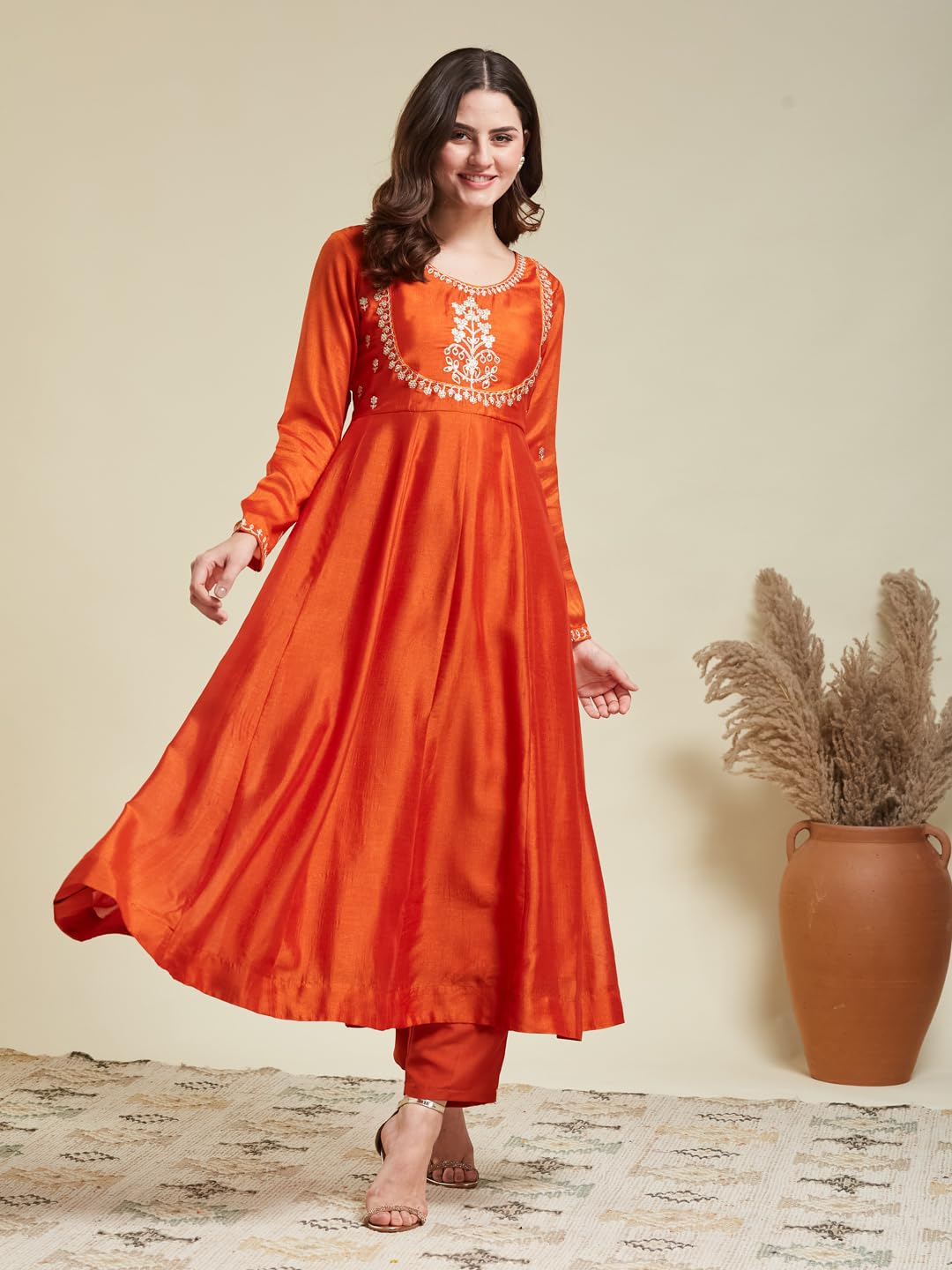 MOKOSH Women's Silk Anarkali & Pant with Dupatta Set (417-06-L_Orange) - Image 2 thumbnail