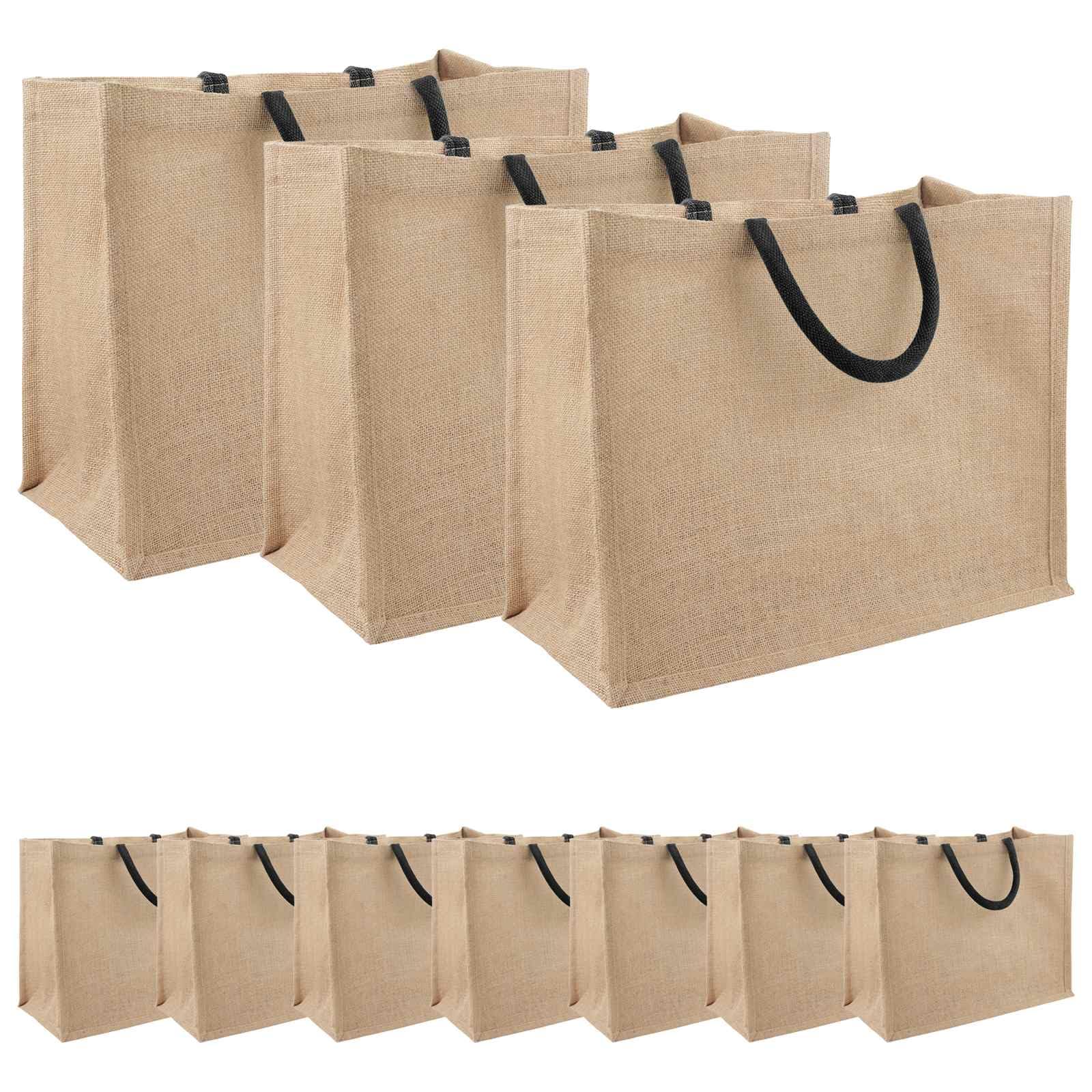 Juego de 10 bolsas de la compra de yute, robustas bolsas de yute, 42 x 33 x 19 cm, bolsas de transporte con forro interior laminado para compras y excursiones