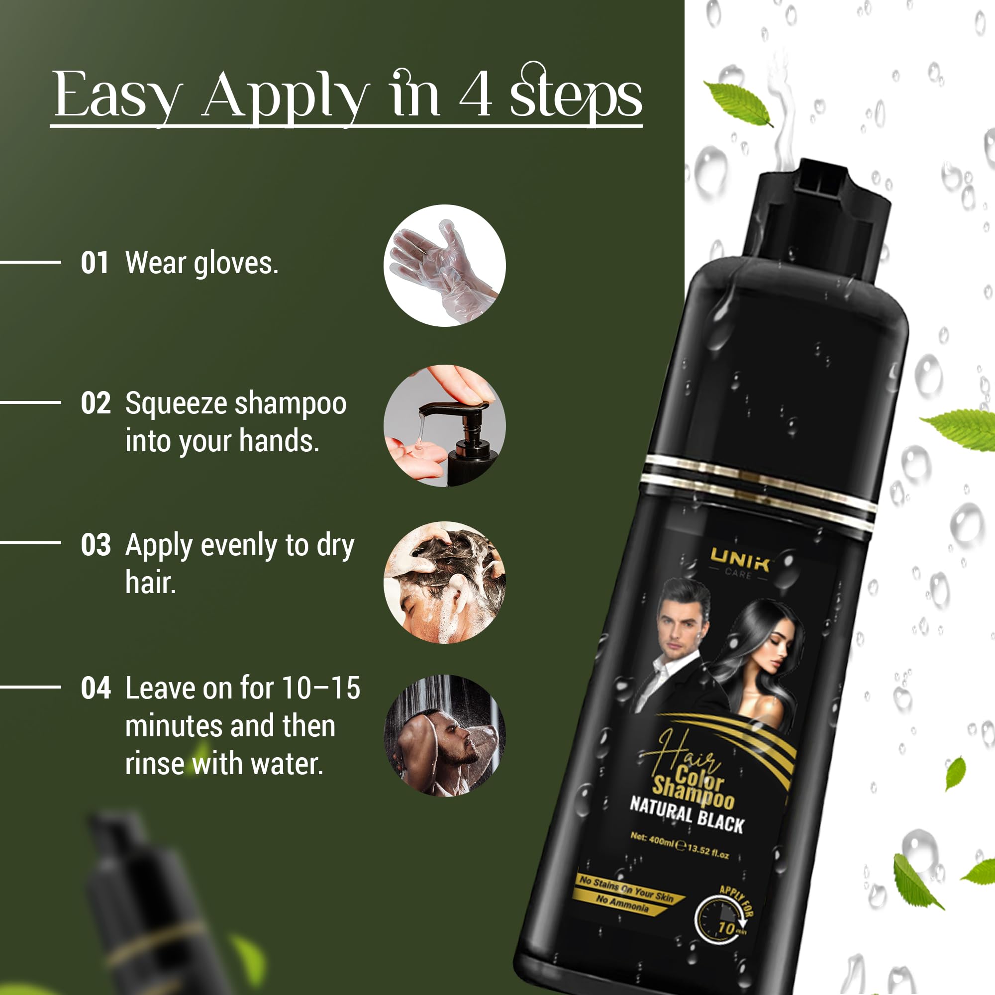 UNIK Care Hair Dye Shampoo Black 400ml – 3-in-1 Hair Color