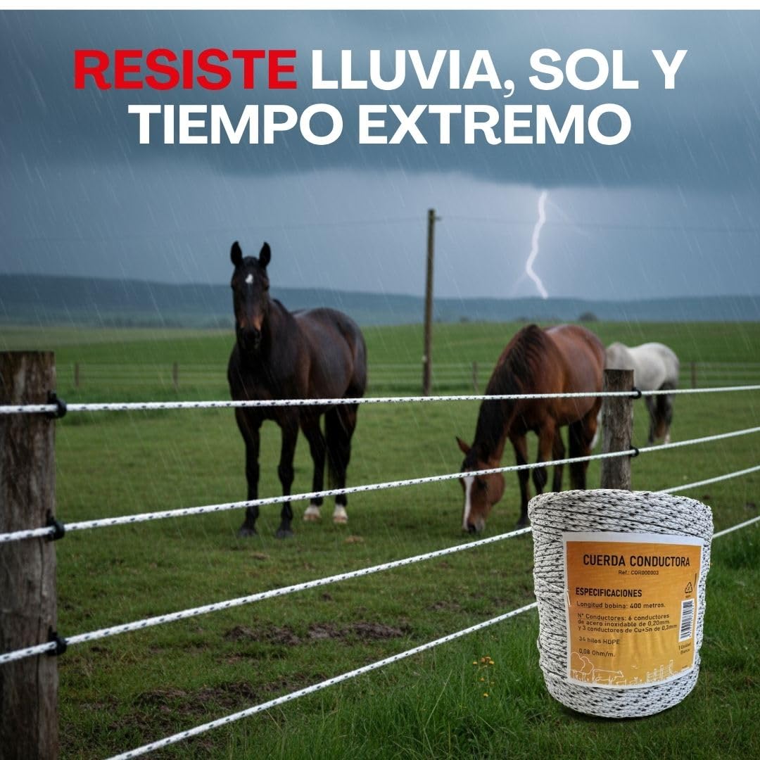 Llampec Cuerda Pastor Eléctrico, 400m x 4mm, 6+3 Conductores Acero Inoxidable y Cobre, Alta Conductividad, Resistente UV, para Cercas de Caballos, Vacas y Perros, Bobina Profesional