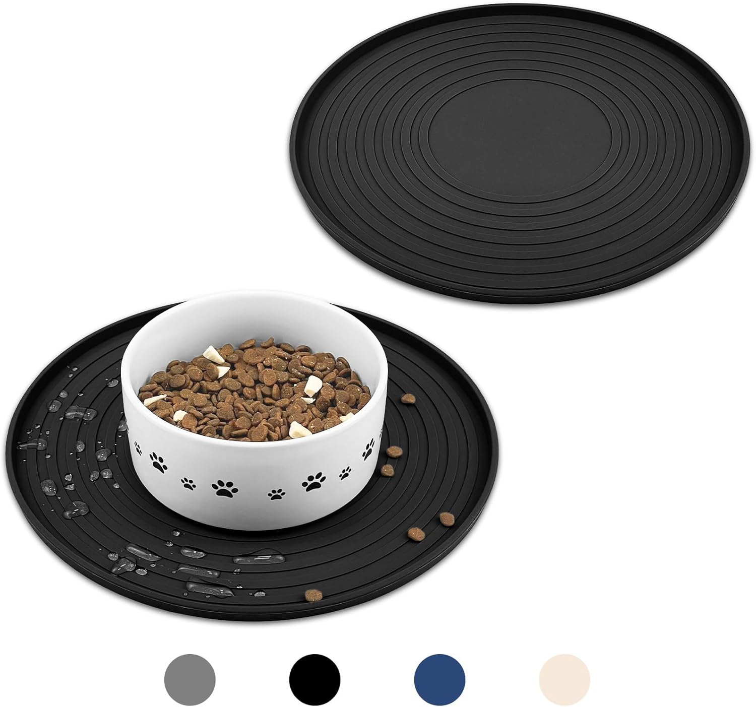 Ptlom Silicone Pet Feeding Mat for Dogs and Cats Placemat 2 Pack, Non-Slip Waterproof Dog Bowl Mats for Food and Water, Small Medium Pets Puppy Tray Mat Prevent Residues Spill to The Floor, Black