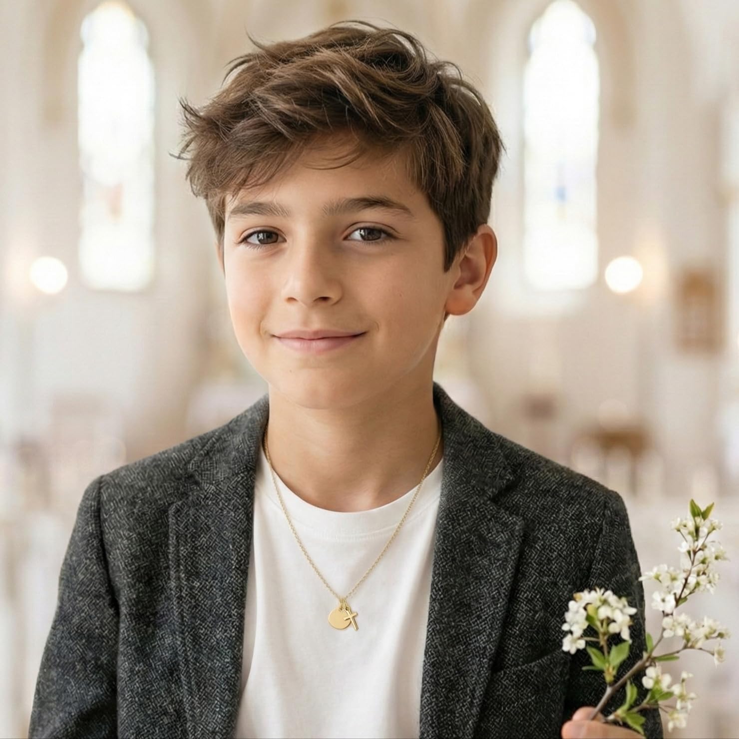 Amoonìc Taufkette mit Kreuz | Personalisierte Kette für Mädchen Jungen Baby Kinder mit Gravur Namen | Geschenk zur Taufe und Kommunion Taufgeschenk Patenkind | Kinderkette Namenskette.