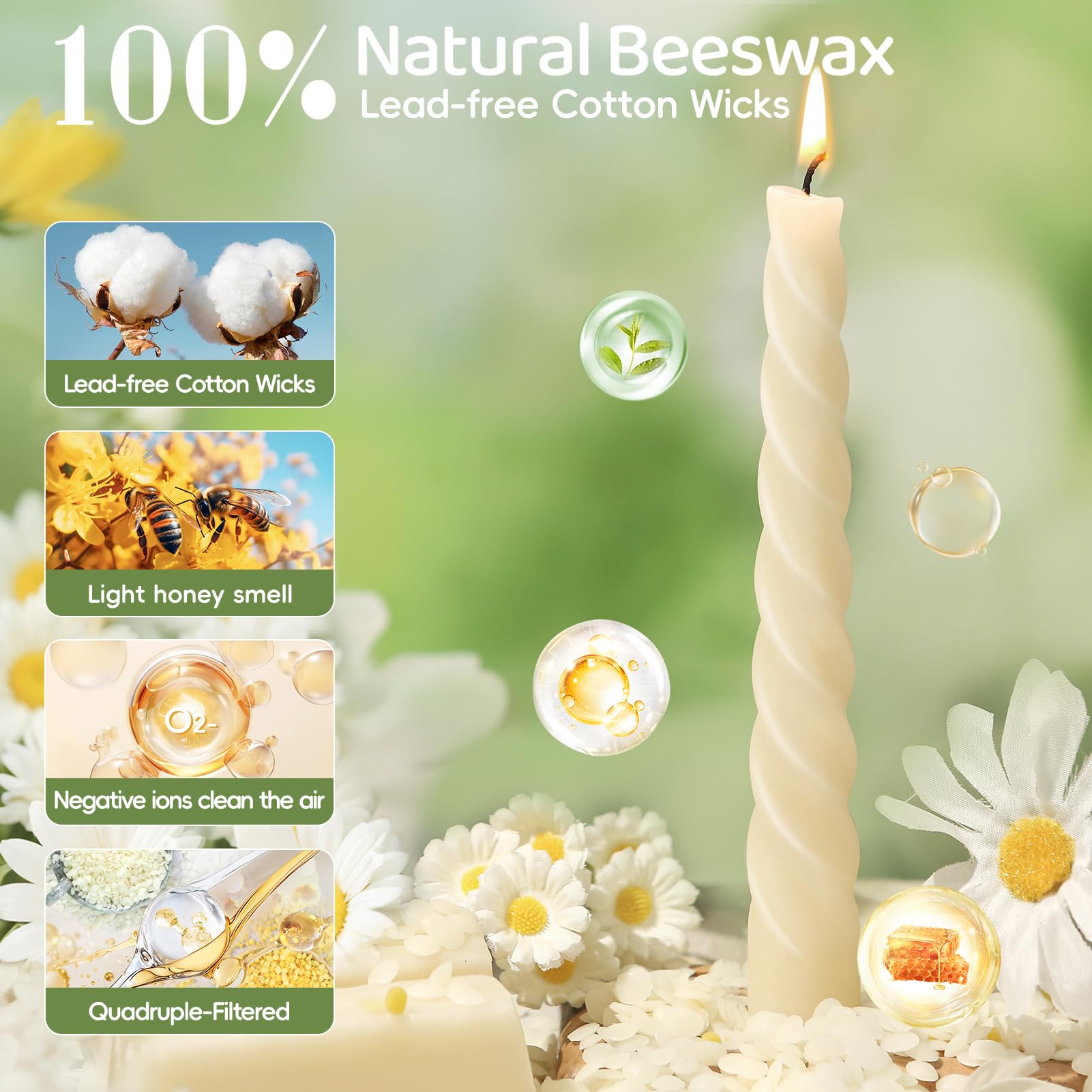 8 Pack Beeswax Taper Candles,7in Spiral Taper Candle Sticks,7 Hour White Beeswax Candlesticks,100% Natural Smokeless Dripless and Unscented Bees Wax Candle for Home,Prayer