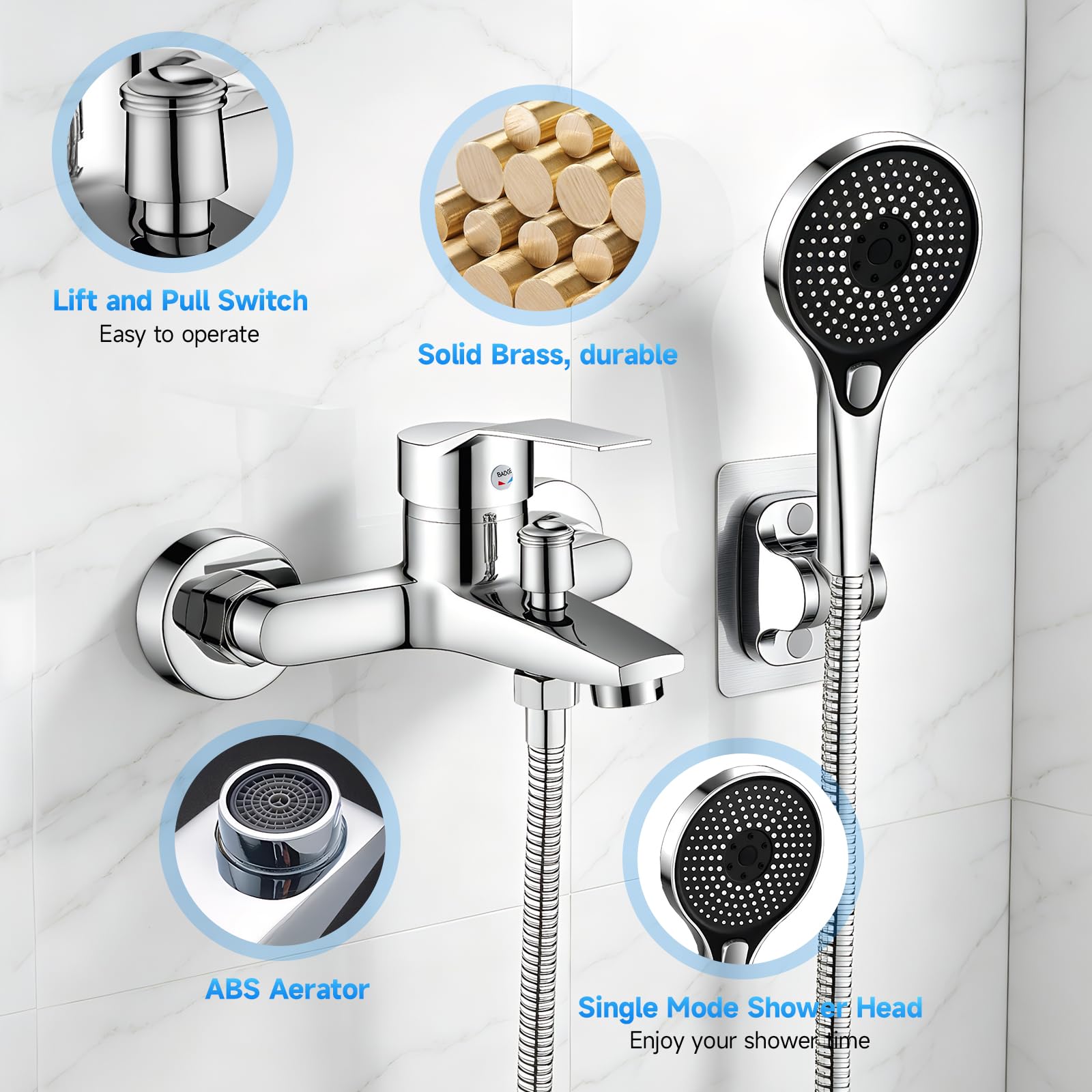 Grifo de bañera con ducha de mano, Grifo Ducha Monomando Mezclador Ducha Montado en La Pared, grifo de ducha de latón Juego de Grifo para Bañera Incluye Soporte de Pared y Manguera de Ducha de 150cm