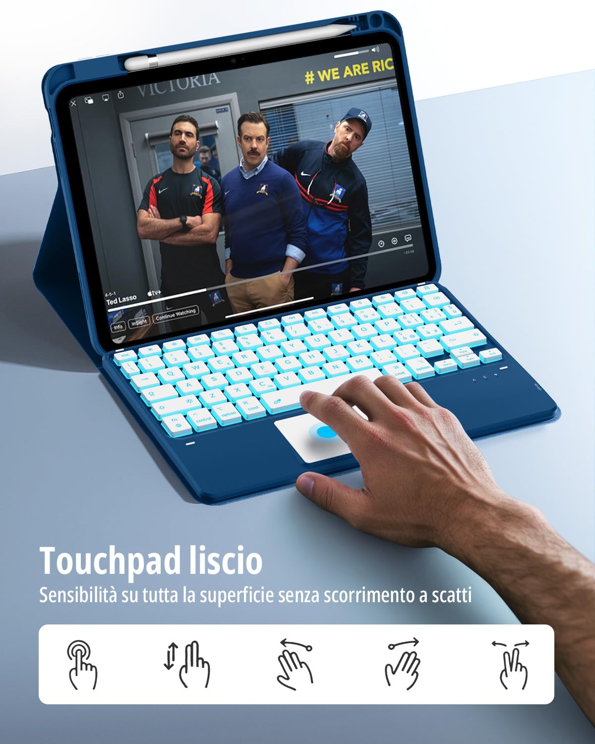 CACOE Cover con Tastiera iPad 11 Generazione (A16) 2025 11" / 10 Generazione 2022 10.9'' con Touchpad [Italiano] Wireless Staccabile, Custodia con Tastiera Illuminazione a 7 Colori, Mare Blu