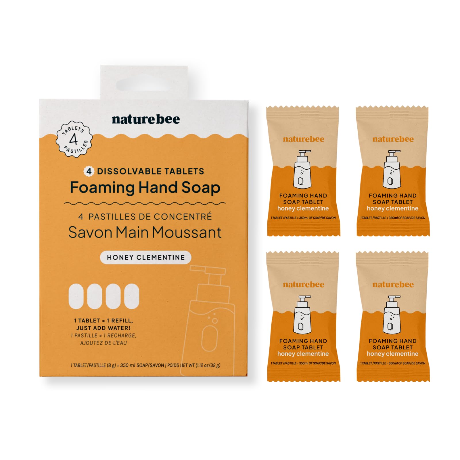 Foaming Hand Soap Wash Concentrated Refill Tablets. Honey Clementine scent. Zero Waste, Eco Friendly & Sustainable. (Makes 4 X 8.5 fl oz bottle per Soap Tablet, Total 34 Fluid Ounces)