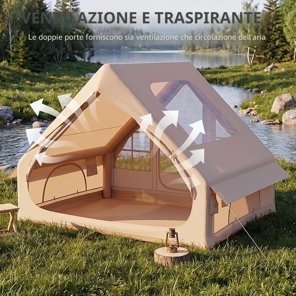 Tenda gonfiabile, tenda da campeggio con lucernario, tenda gonfiabile per 2-4 persone con pompa ad aria, tessuto Oxford impermeabile per stagioni, montaggio rapido, tenda familiare