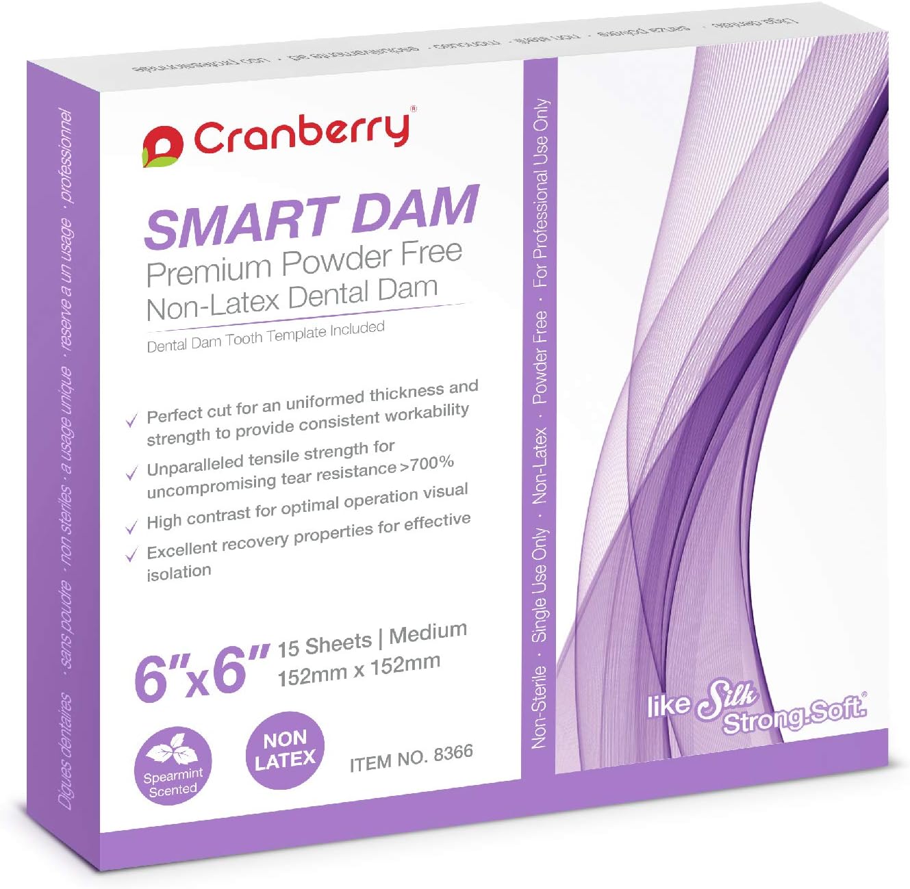 Cranberry USA Cranberry CR8366 Smart Dam Non-Latex Powder-Free, Spearmint Scented, Medium Gauge, 6x6, Lavender (Pack of 15)