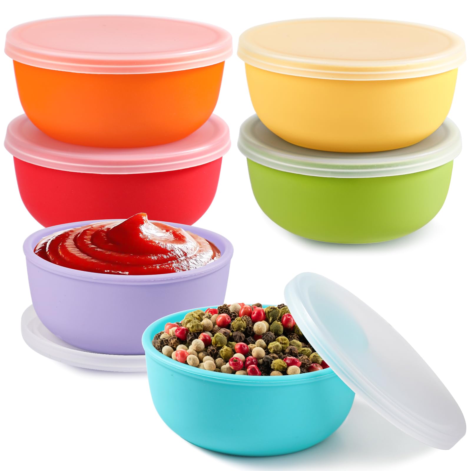 webake 6 cuencos pequeños con tapa de silicona, juego de cuencos de cereales con tapa, cuencos para salsas, aperitivos, postres, salsas y salsas