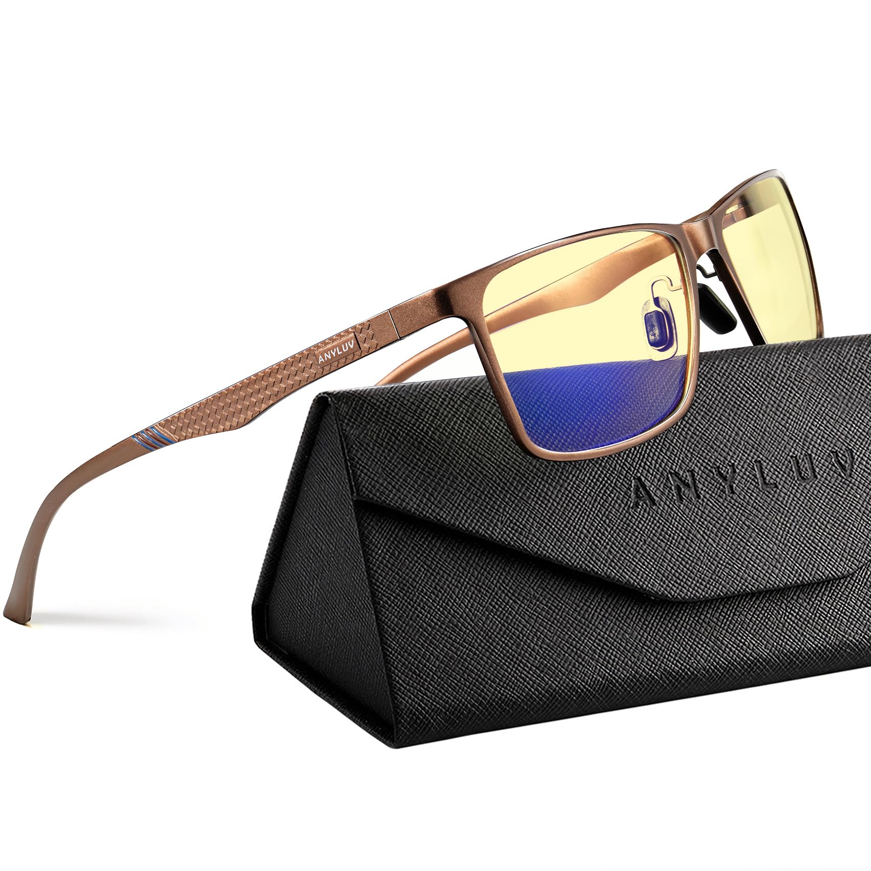 Blue Light Glasses Men, Relieve Eyestrain and Eye Protection, Al-Mg Metal Computer Blue Light Blocking Glasses Metal Brown/Yellow