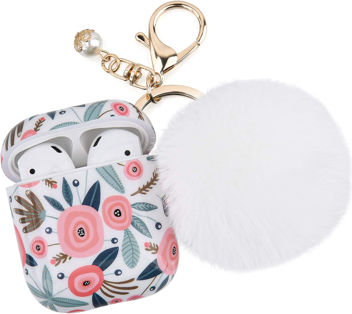 Airpods Case for Women Girls, CAGOS Airpod Case Cute with Pompom Fur Ball, Compatible with Apple Air Pods 2 Gen 1 Case, Marble Cover (Flower)