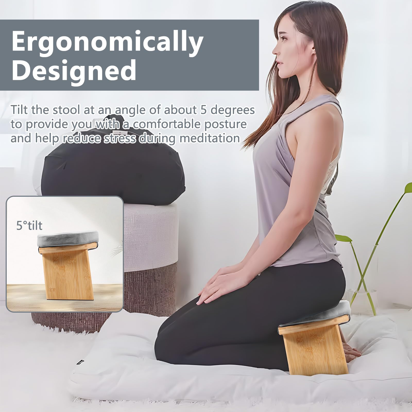 Banc de méditation pliable - 43 x 19 x 17 cm - Avec coussin d'assise - Sac de rangement - Tabouret de yoga inclinable à 5° - Antidérapant - Pour méditation, yoga, prière, méditation, thé, tabouret de