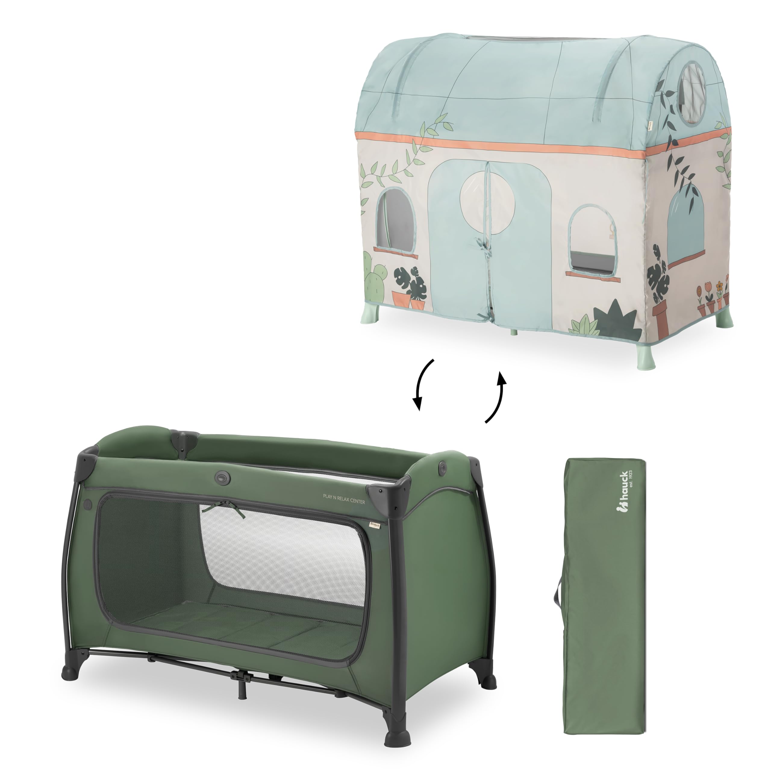 hauck Play N Relax Center Kinderreisebett inkl. Spielzelt, Dark Green Plants - ab Geburt bis 15 kg, mit Neugeborenen Einhang, Wickelauflage, XL Schlupf, Rollen, Tragetasche - Klein Zusammenklappbar