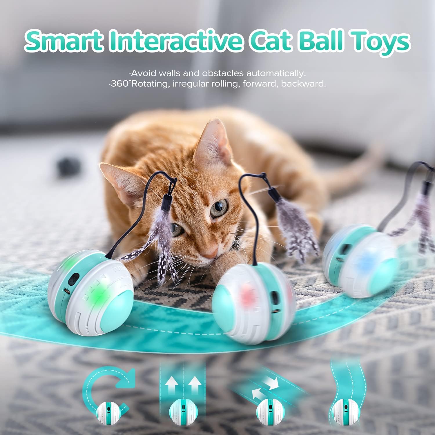 BraveKoi Interactive Cat Ball Toys for Indoor Cats, Cat Toys Balls with Feathers, Bird Sounds & LED Lights, Automatic Irregular 360°Self Rotating Ball for Cat/Kitty/Kittens/Dog/Pets : Pet Supplies