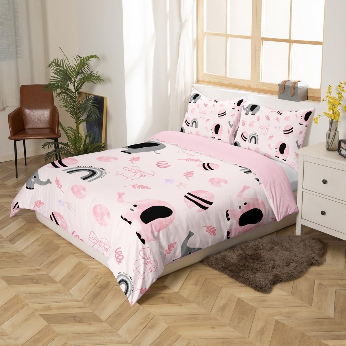 Cute Elephant Duvet Cover Set Toddler Size,Pink Bowknot Gray Rainbow Reversible Quilt Cover for Kids Boys Girls Lovely Animal Watercolor Bedding Set with 1 Pillowcase,No Comforter