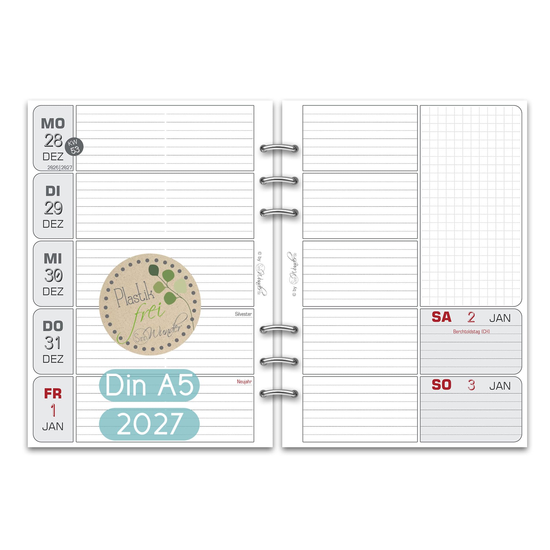 SinnWunder® 2027 Premium Kalendereinlage - Wochen-Kalender - 1 Woche 2 Seiten - Größe Din A5-6-fach Filofax-Lochung - BasicSinn