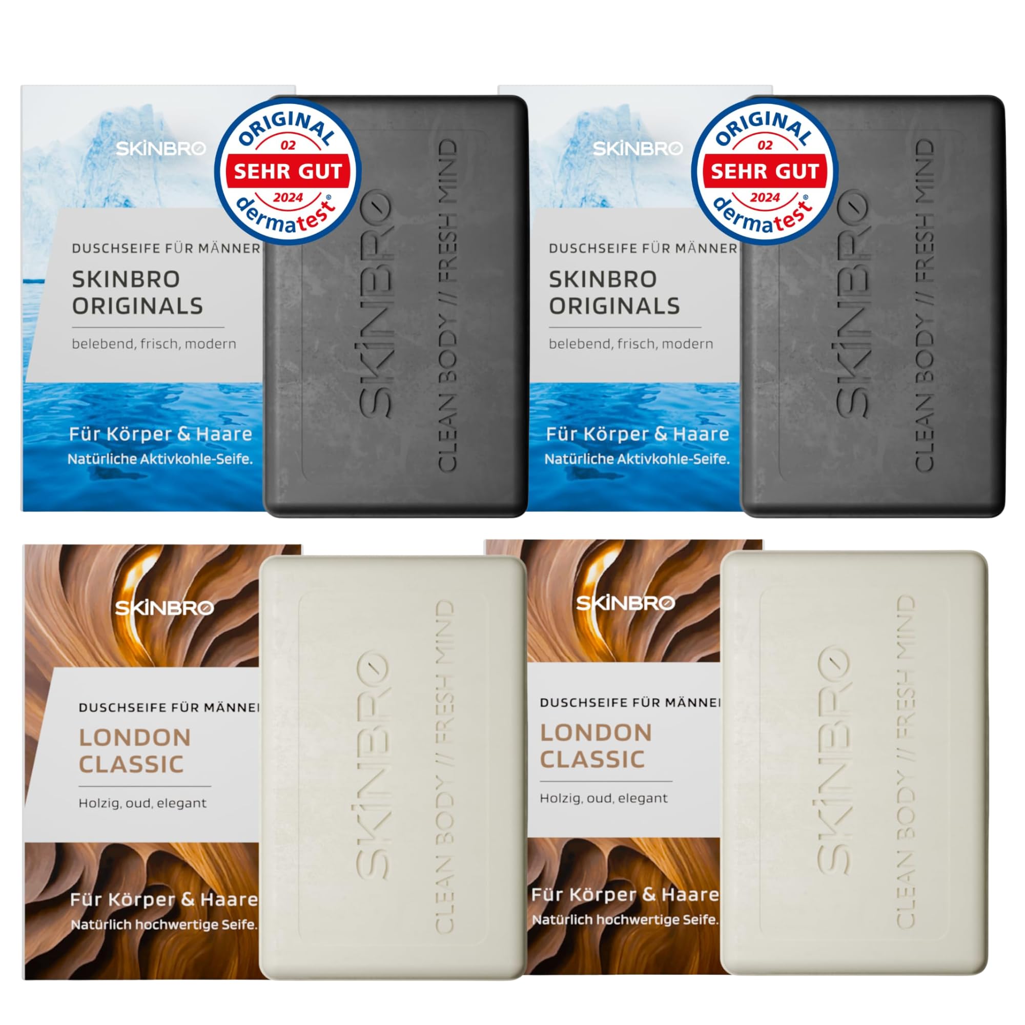 SKINBRO 4er Set Festes Duschgel Männer: 2x Aktivkohle & 2x London Classic – Vegane Duschseife für Körper & Bart – Nachhaltig & Made in Germany