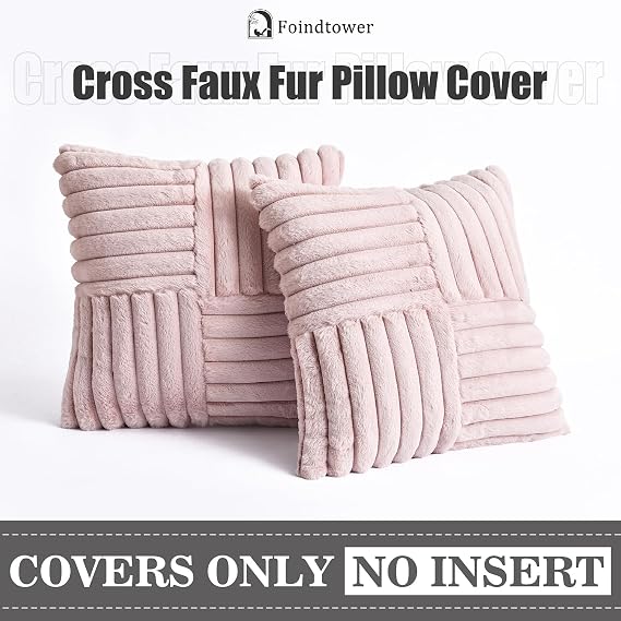 Foindtower Pack of 2, Faux Fur Plush Decorative Throw Pillow Covers Luxury Soft Fluffy Cushion Case Cozy Fuzzy Striped Pillowcase Home Decor for Sofa Couch Living Room Bedroom 20x20 Inch, Dusty Pink