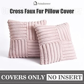Foindtower Pack of 2, Faux Fur Plush Decorative Throw Pillow Covers Luxury Soft Fluffy Cushion Case Cozy Fuzzy Striped Pillowcase Home Decor for Sofa Couch Living Room Bedroom 20x20 Inch, Dusty Pink