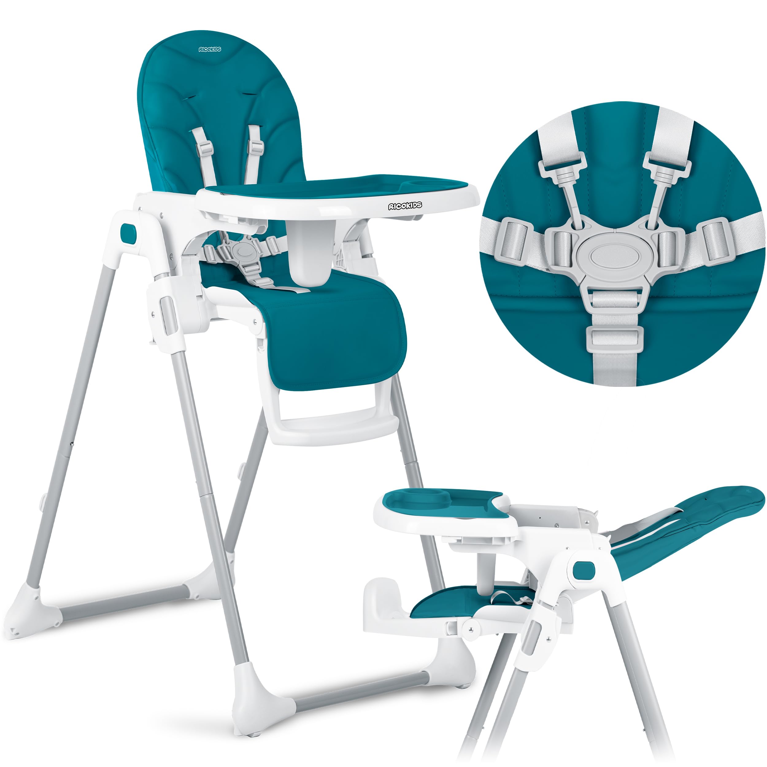 Ricokids - Tulo - 2in1 Hochstuhl Baby - Mit Gurt - Mit Abnehmbarem Tablett - Klappbarer Fütterungsstuhl Mit Rollen - Verstellbare Rückenlehne - Mitwachsender - Ab 6 Monat -102x54x72 cm - Blau