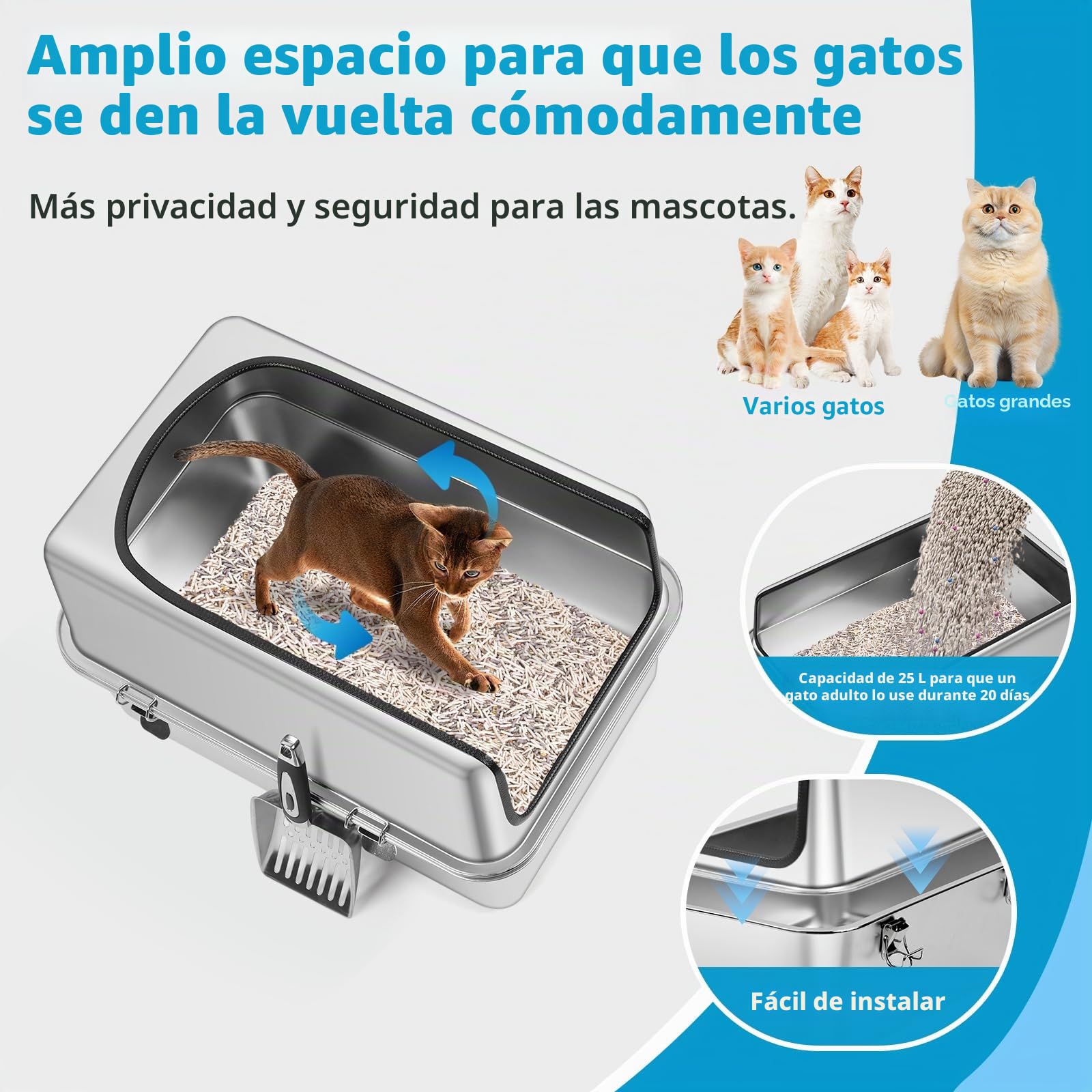 Caja de Arena para Gatos de Acero Inoxidable, 19.7''x13.8''x12'' Grande Medio Cerrado Bandeja de Metal extraíble con Carcasa de Alta página, Pala, antifugas, no pegajoso, fácil Limpieza