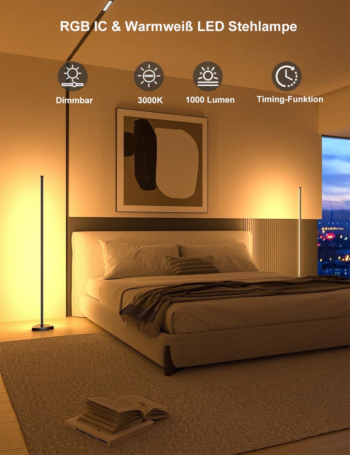 Lampada da terra a LED, 180 cm, con telecomando e controllo app, 16 milioni di colori fai da te, musica sincronizzata, luce bianca calda, ad angolo, per soggiorno, camera da letto, sala giochi