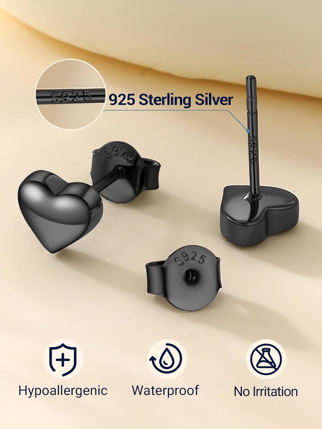 PROSILVER 925 Sterling Silver Studs Earrings for Women, Hypoallergenic Earrings Silver/Gold/Black Flat Back Stud, Heart/Moon Cute Earings Jewelry - Image 5