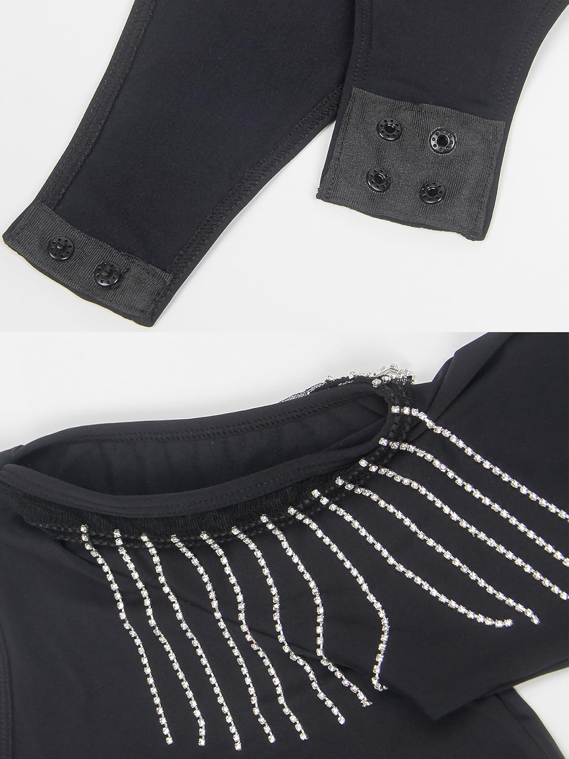 Black Fringe Bodysuit for Women Long Sleeve Sequins Tassel Cold Shoulder Top Leotards with Snap Crotch - Image 7