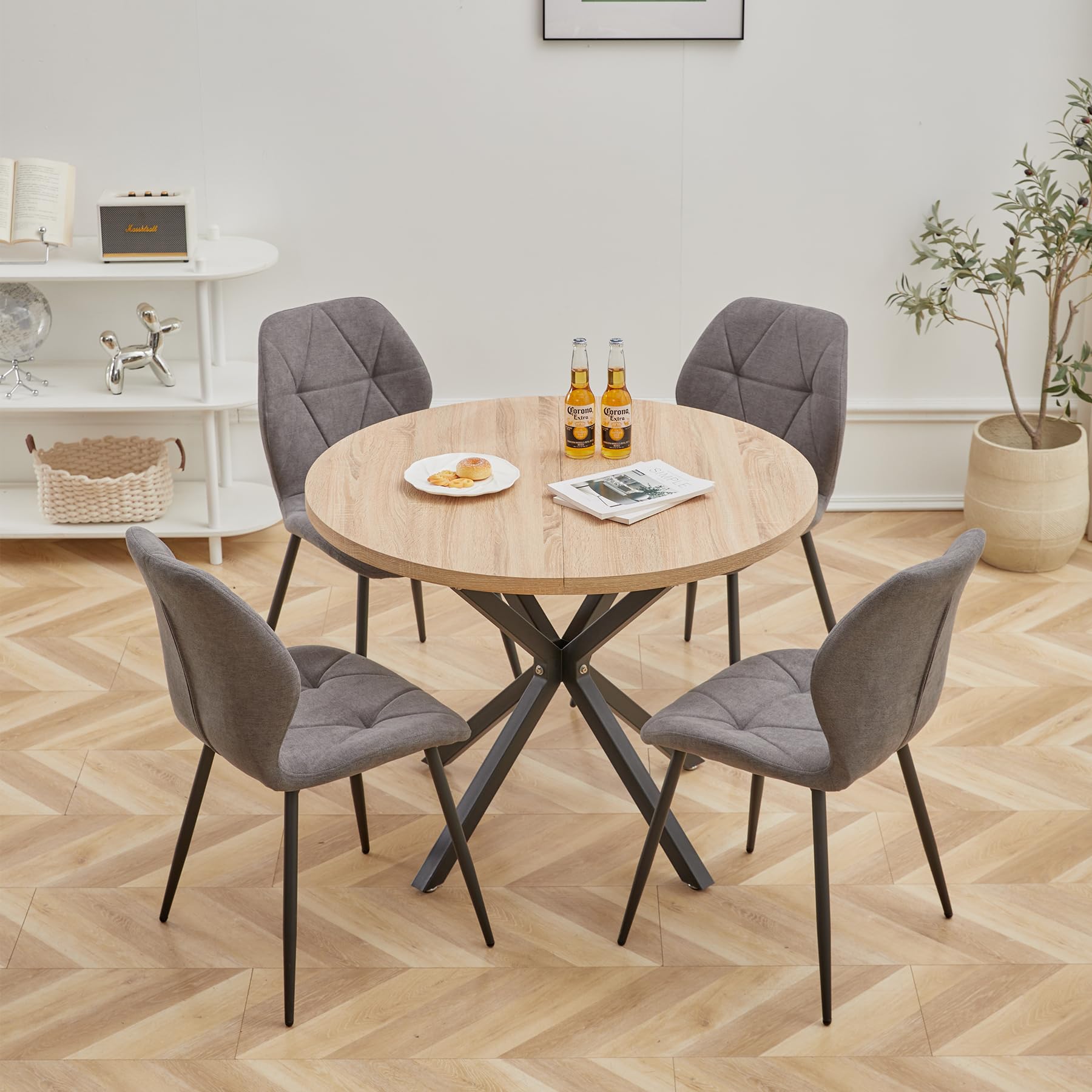 GrandCA HOME Tavolo da Pranzo Rotondo con Piano Moderno Effetto Marmo, Tavolo da Pranzo da Cucina con Quattro Gambe in Metallo, per Sala da Pranzo, Marrone Chiaro