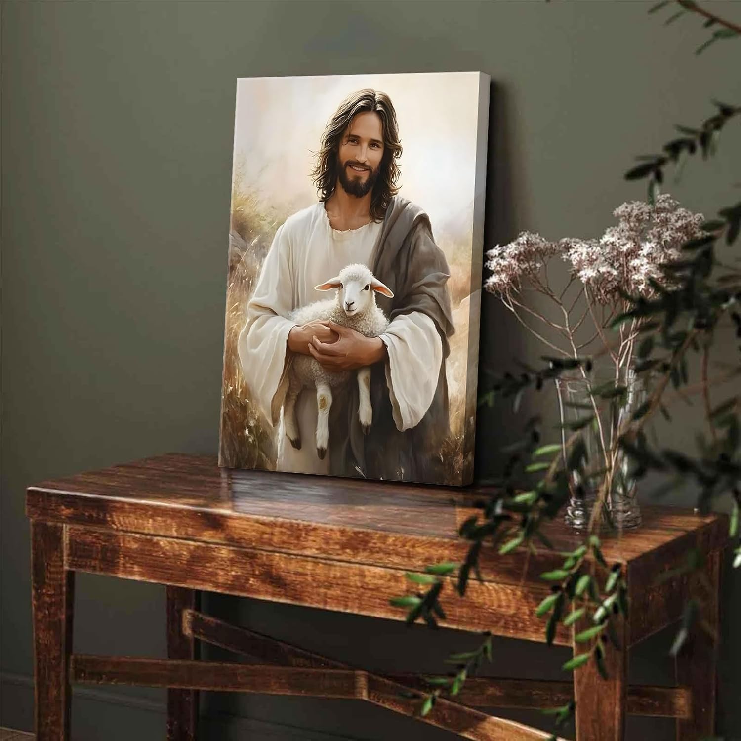 Jesus and Lamb Canvas Wall Art Jesus Saves the lost lamb Wall Decor Pictures Christian Lamb of God Painting Posters Prints for Corridor Dining Living Room Kitchen Wall Bedroom Decoration