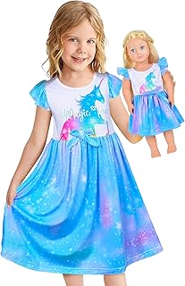 Doll and Girl Matching Nightgown Unicorn Outfit Princess Pajamas Night Dress for Girls and 18