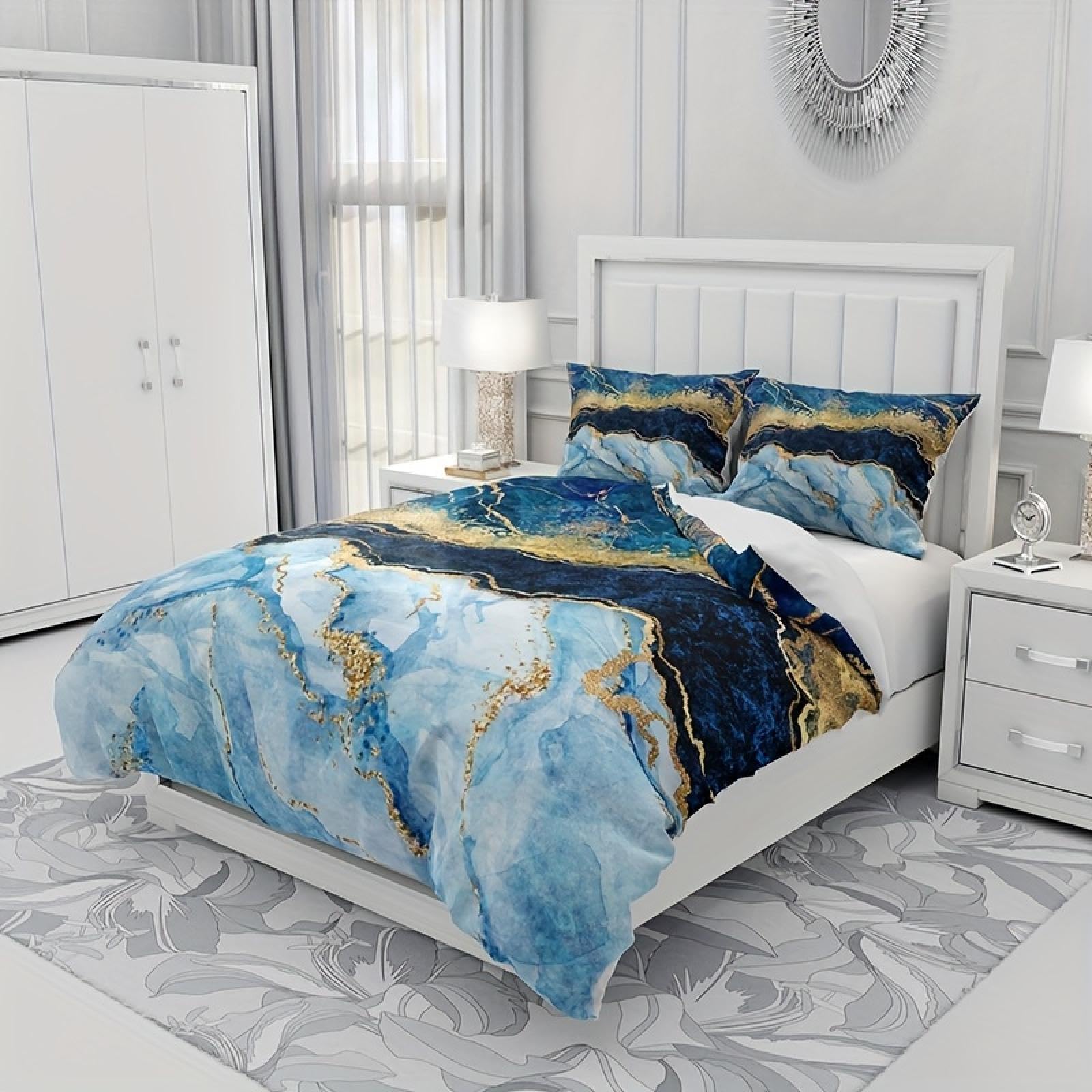 Housse de couette imprimé marbre bleu pour transformer votre chambre en suite d'hôtel