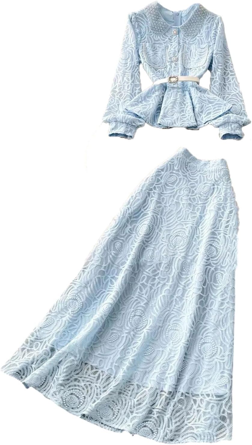Women's Formal Lace Two Piece Set Pshort Sleeve Button Down Embroidery Blouse Above Knee Skirt Evening