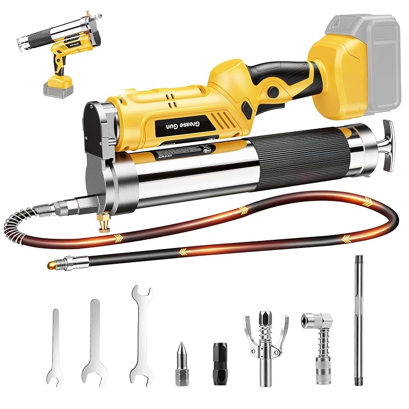 Engraxadeira elétrica sem fio CAMXTOOL 20 V compatível com bateria DeWalt, 12.000 PSI, cabo rotativo 2 em 1, mangueira de 100,1 cm e 4 acopladores