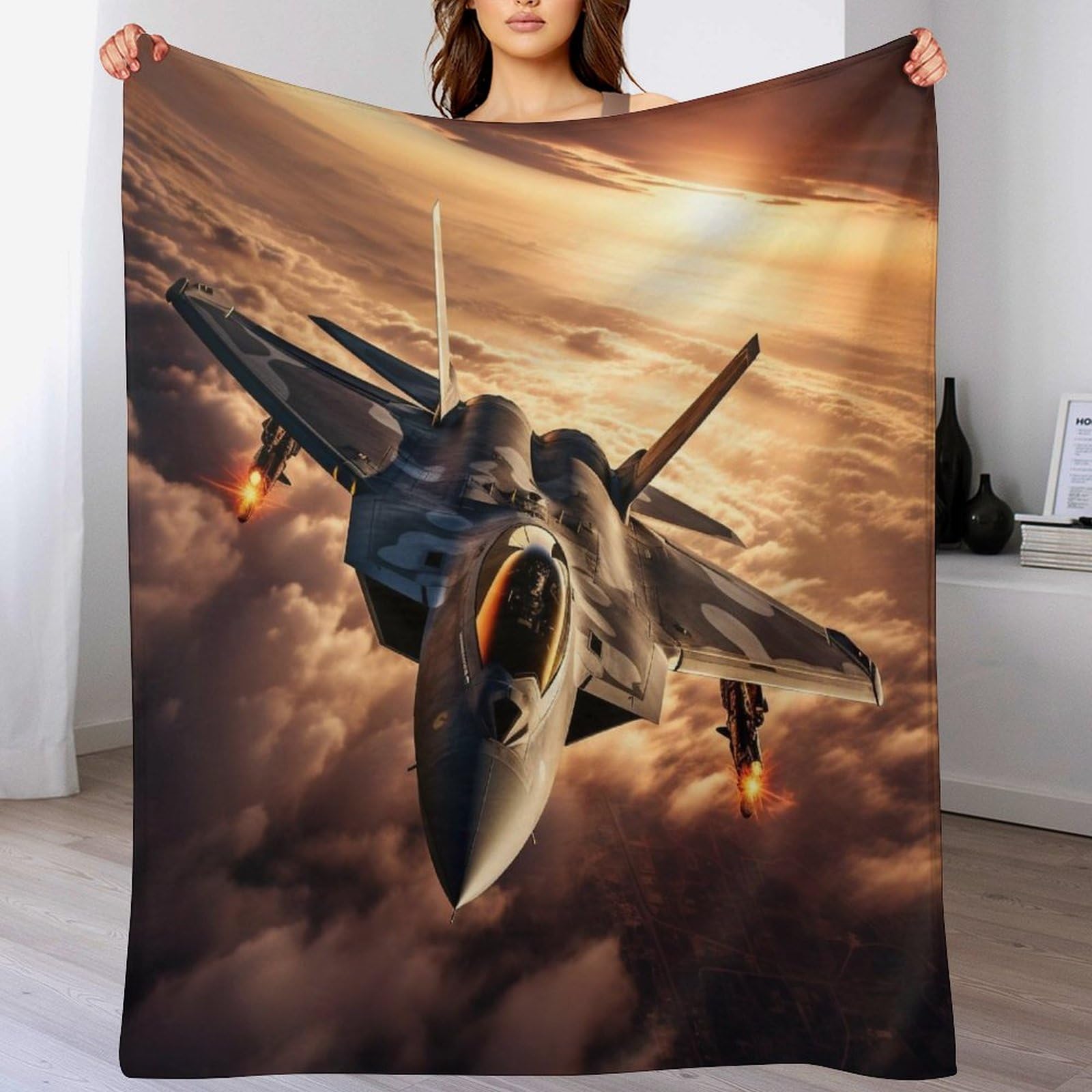 Couverture en flanelle avion de combat 100x130cm plaid doux lit et sofa