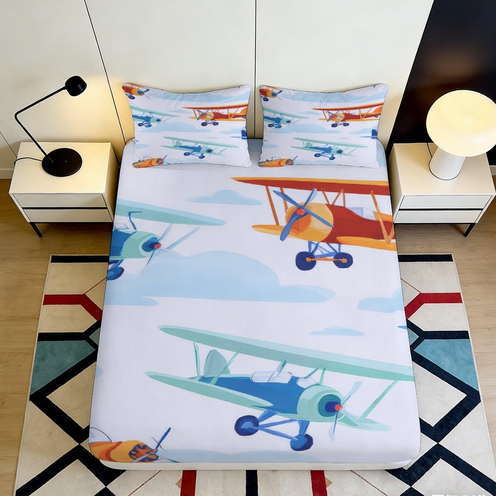 3D Printed Airplane Pattern Fitted Sheet Microfiber Deep Pocket Non-Slip Bedding Airplane Mattress Fitted Cover for Bedroom 140x200x25cm