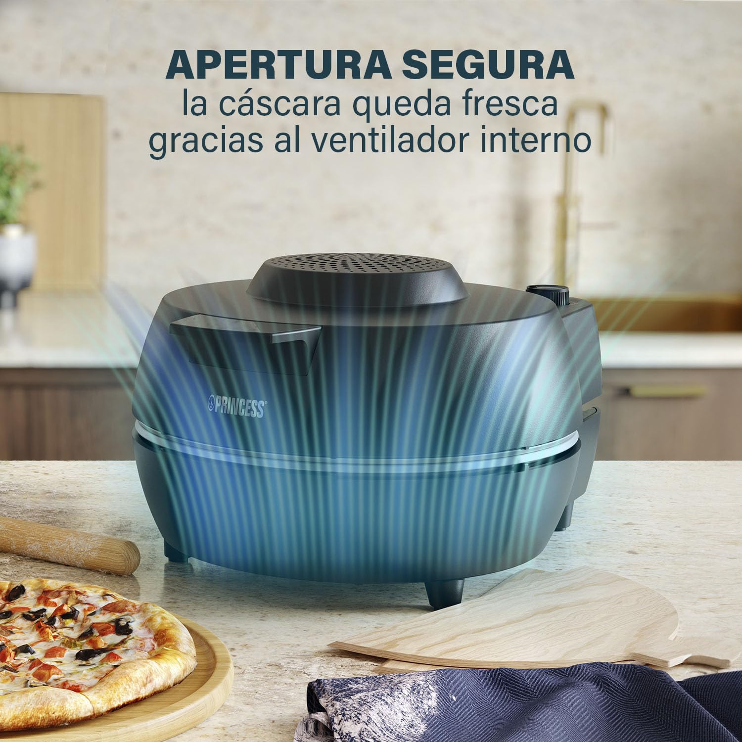Princess 115005 Horno para pizzas, 30 cm, Piedra especial para pizzas, 2 palas para sacar la pizza del horno, Temperatura (hasta 400 C) y temporizador (15 min.) ajustables, 1200 W