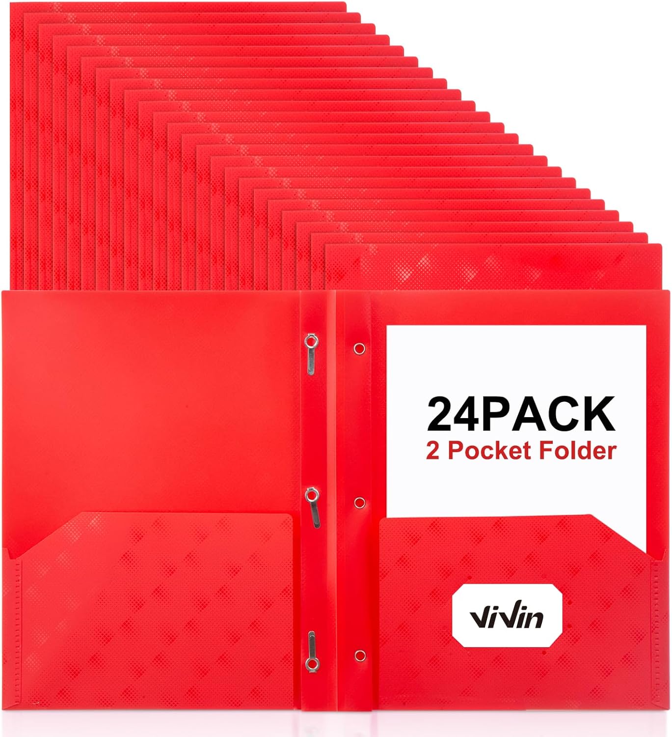 ViVin Plastic Folders with Pockets and Prongs,24 Pack,Heavy Duty 2-Pocket File Folder with 3 Fasteners,Fits Letter Size Paper,for School Home and Office(Bright Red)