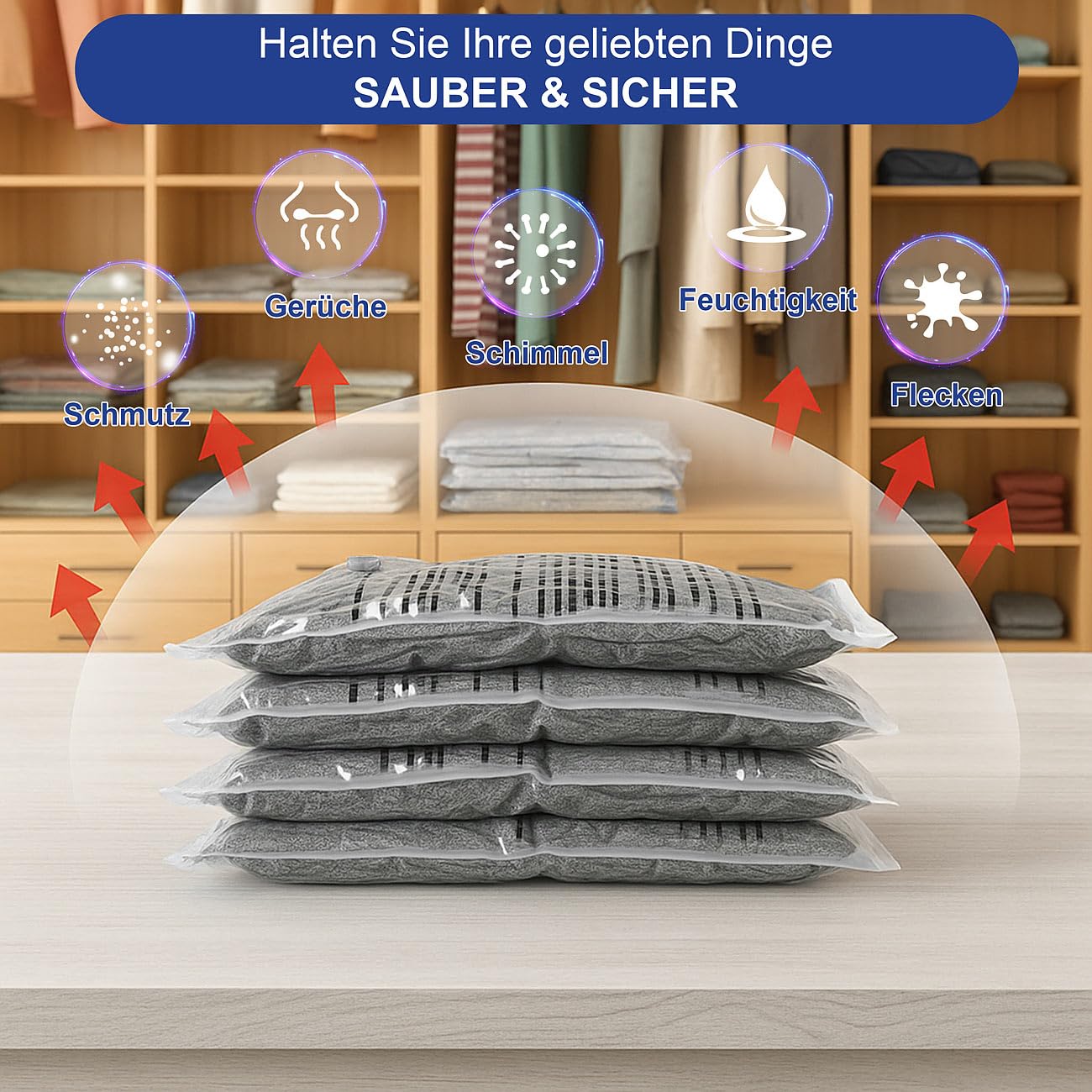 PEARL Vakuumbeutel Klamotten: 60er-Set Vakuumbeutel für Kleidung, wiederverw. 60 Beutel, 5 Größen (Aufbewahrung, für Textilien, Mini)