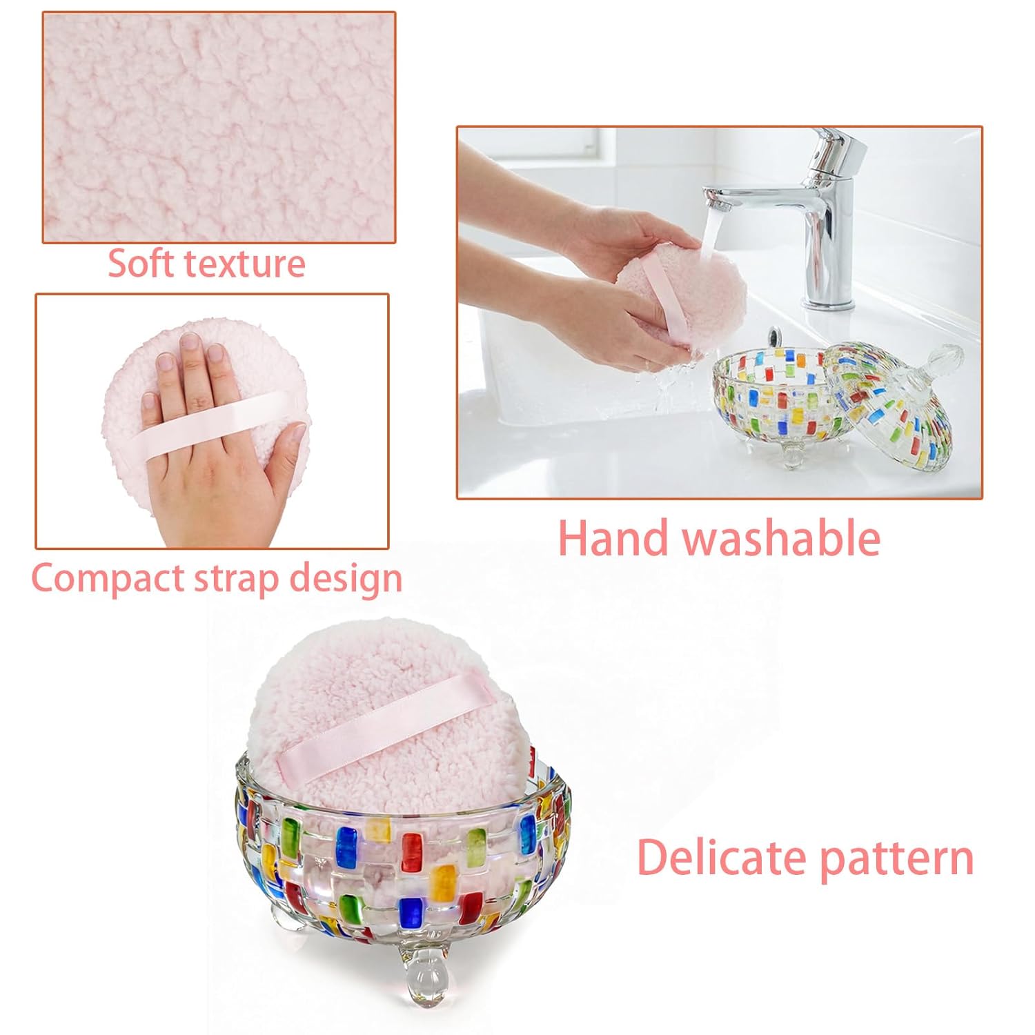 3 Pcs Extra Large Dusting Powder Puff and Container with Body Soft Washable Reusable Nian Gao Fleece Face 5.9'' Glass Crystal Dusting Powder Container for Women (Multicolor, Weave Design)