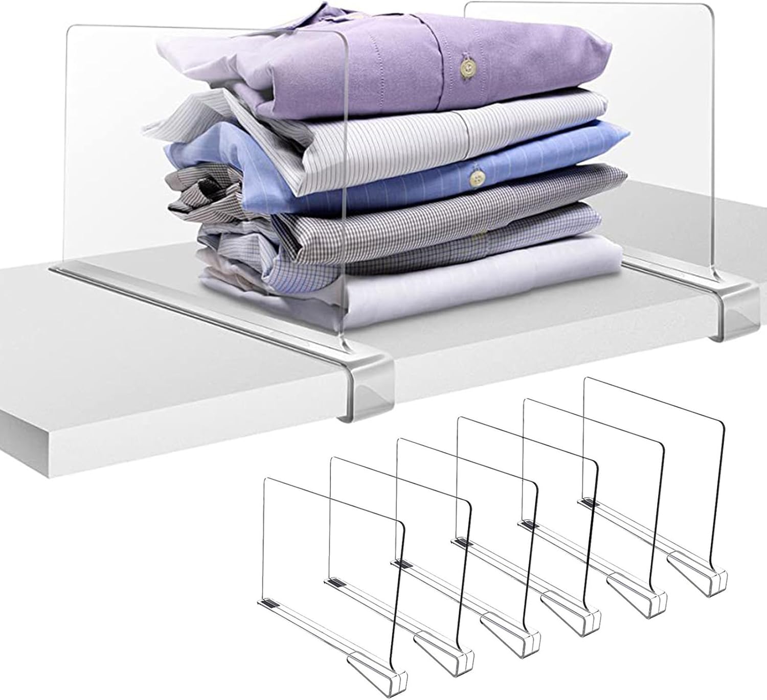 2/4/6 PCS Fitted Shelf Dividers, Transparent Stable Closet Organization Classification Partitions Closet Organizer for Home Wood Shelf and Cabinets Closet Storage Separator 6pcs
